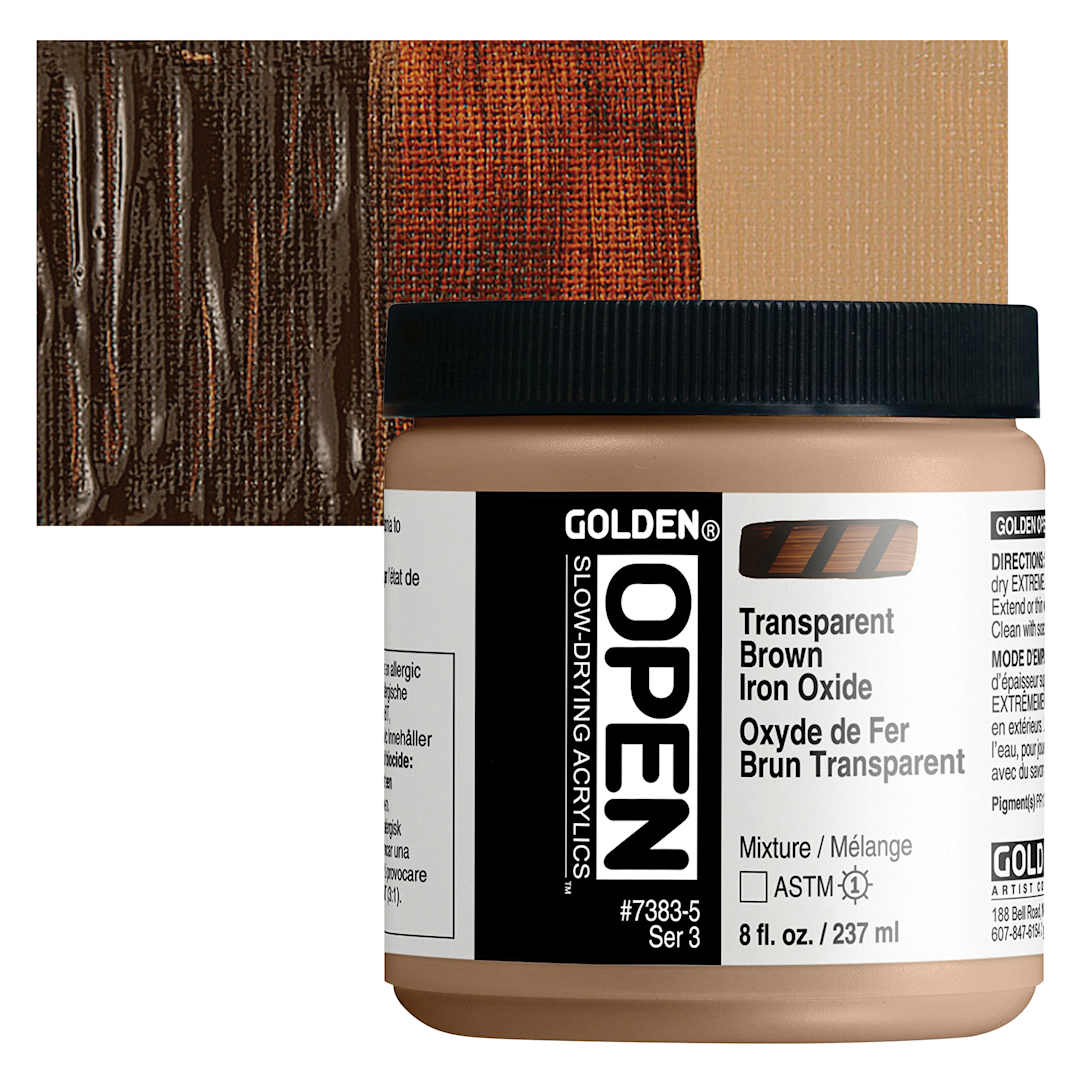 Open in modal - Golden Open Acrylic - Transparent Brown Iron Oxide, 8 oz Jar and swatch