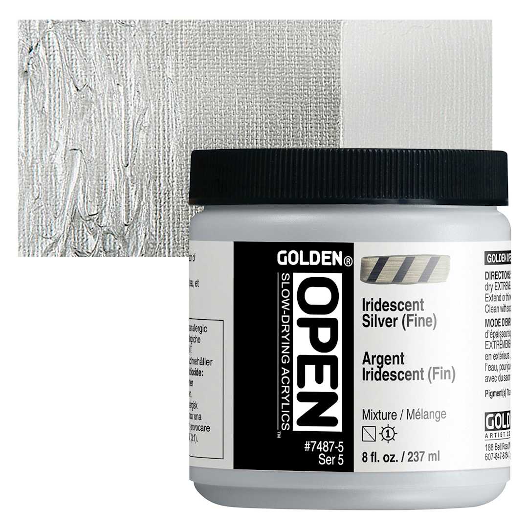 Open in modal - Golden Open Acrylic - Iridescent Silver (Fine), 8 oz Jar and swatch