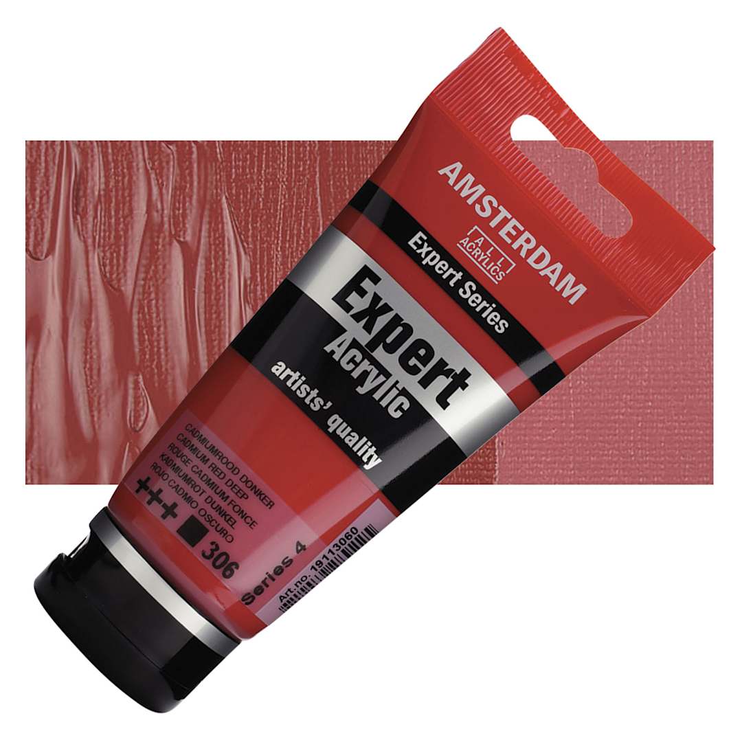 Open in modal - Amsterdam Expert Series Acrylic - Cadmium Red Deep, 75 ml tube and swatch