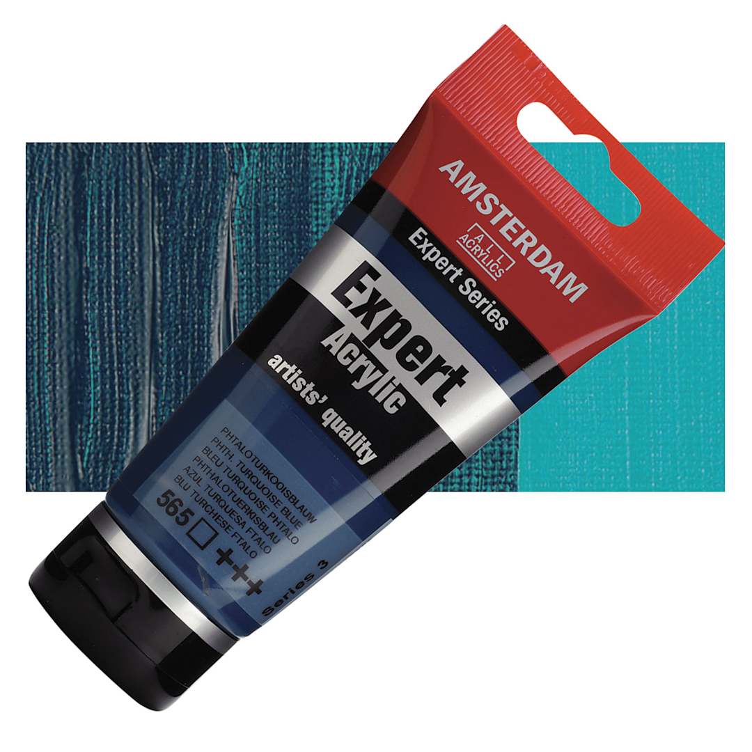Open in modal - Amsterdam Expert Series Acrylic - Phthalo Turquoise Blue, 75 ml tube and swatch