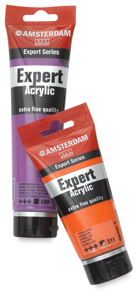 Open in modal - Amsterdam Expert Series Acrylic Paint- 75ml Vermilion and 150ml Permanent Violet Opaque tubes shown
