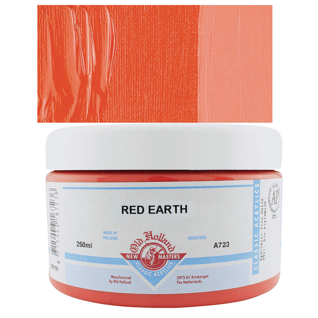Open in modal - Old Holland New Masters Classic Acrylic Paint - Red Earth, 250 ml, Jar and swatch