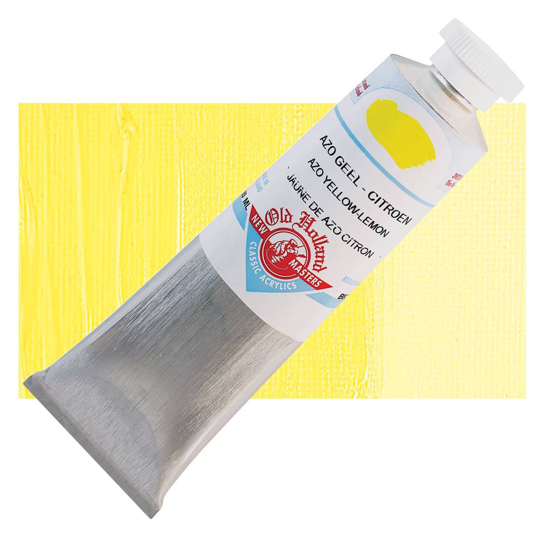 Open in modal - Old Holland New Masters Classic Acrylic Paint - Azo Yellow Lemon, 60 ml tube and swatch
