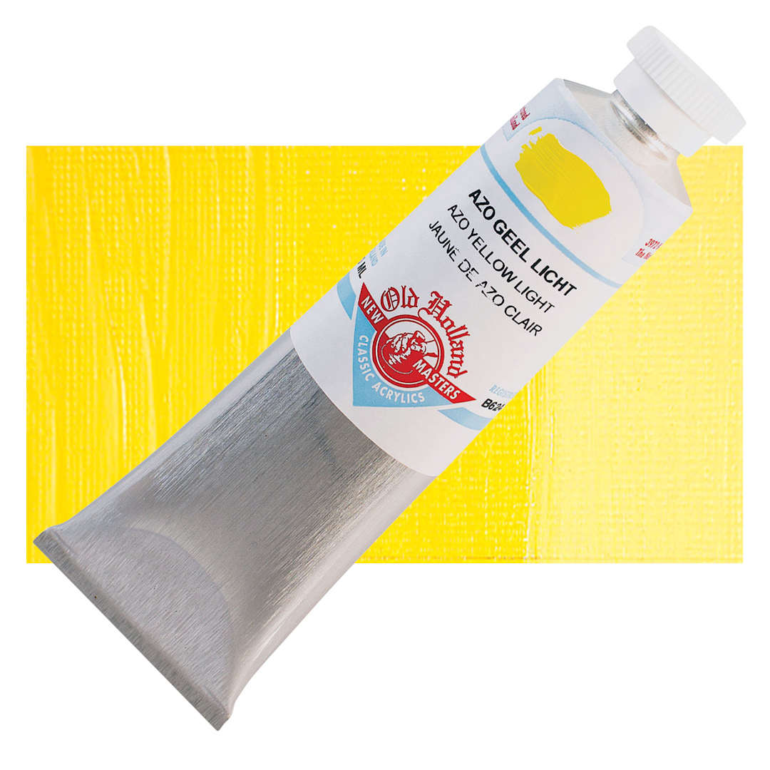 Open in modal - Old Holland New Masters Classic Acrylic Paint - Azo Yellow Light, 60 ml tube and swatch