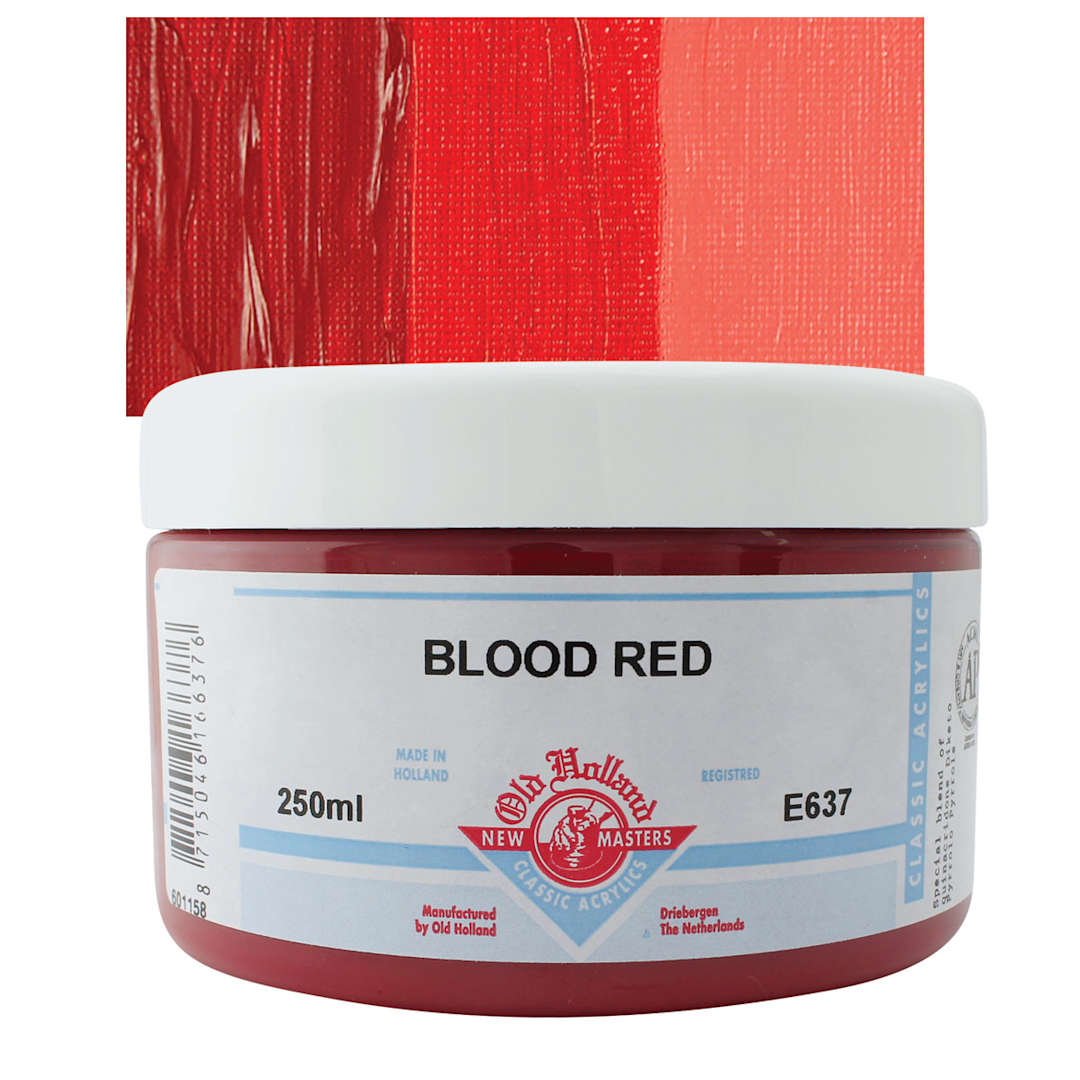 Open in modal - Old Holland New Masters Classic Acrylic Paint - Blood Red, 250 ml jar and swatch