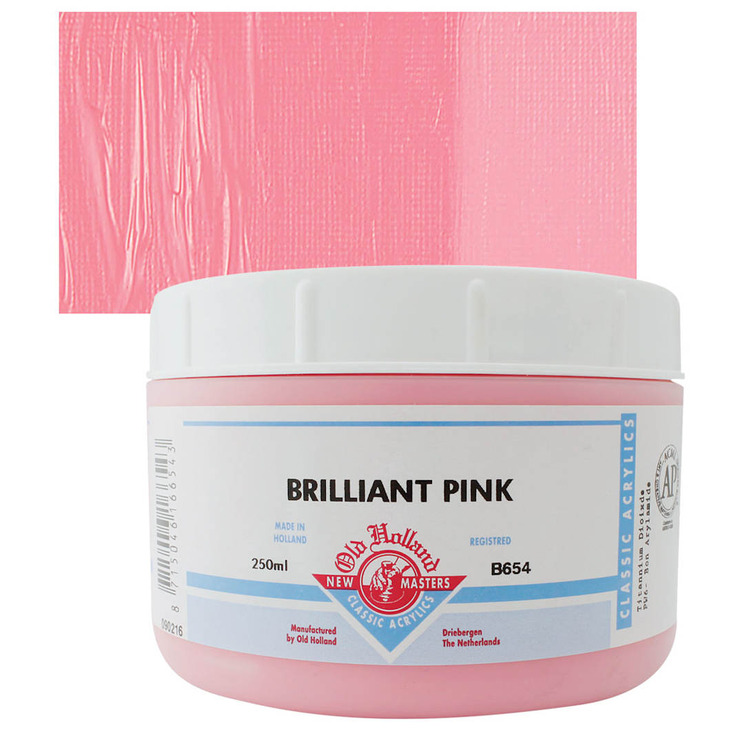 Open in modal - Old Holland New Masters Classic Acrylic Paint - Brilliant Pink, 250 ml jar and swatch