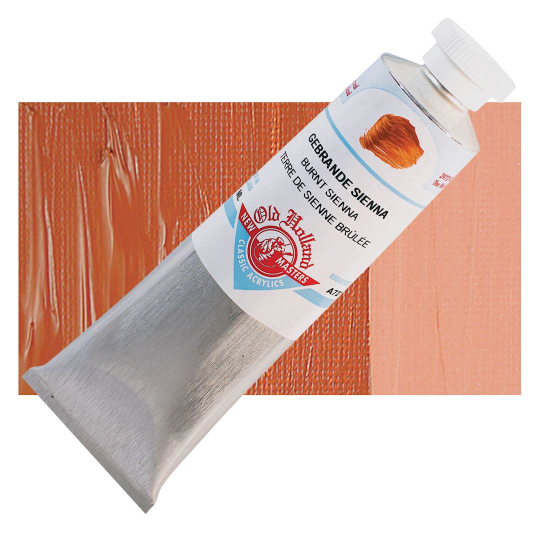 Open in modal - Old Holland New Masters Classic Acrylic Paint - Burnt Sienna, 60 ml tube and swatch