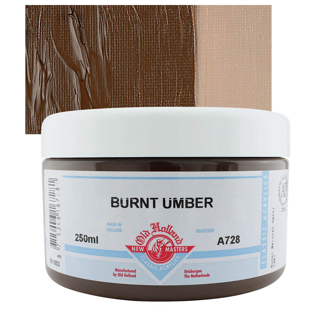 Open in modal - Old Holland New Masters Classic Acrylic Paint - Burnt Umber, 250 ml jar and swatch