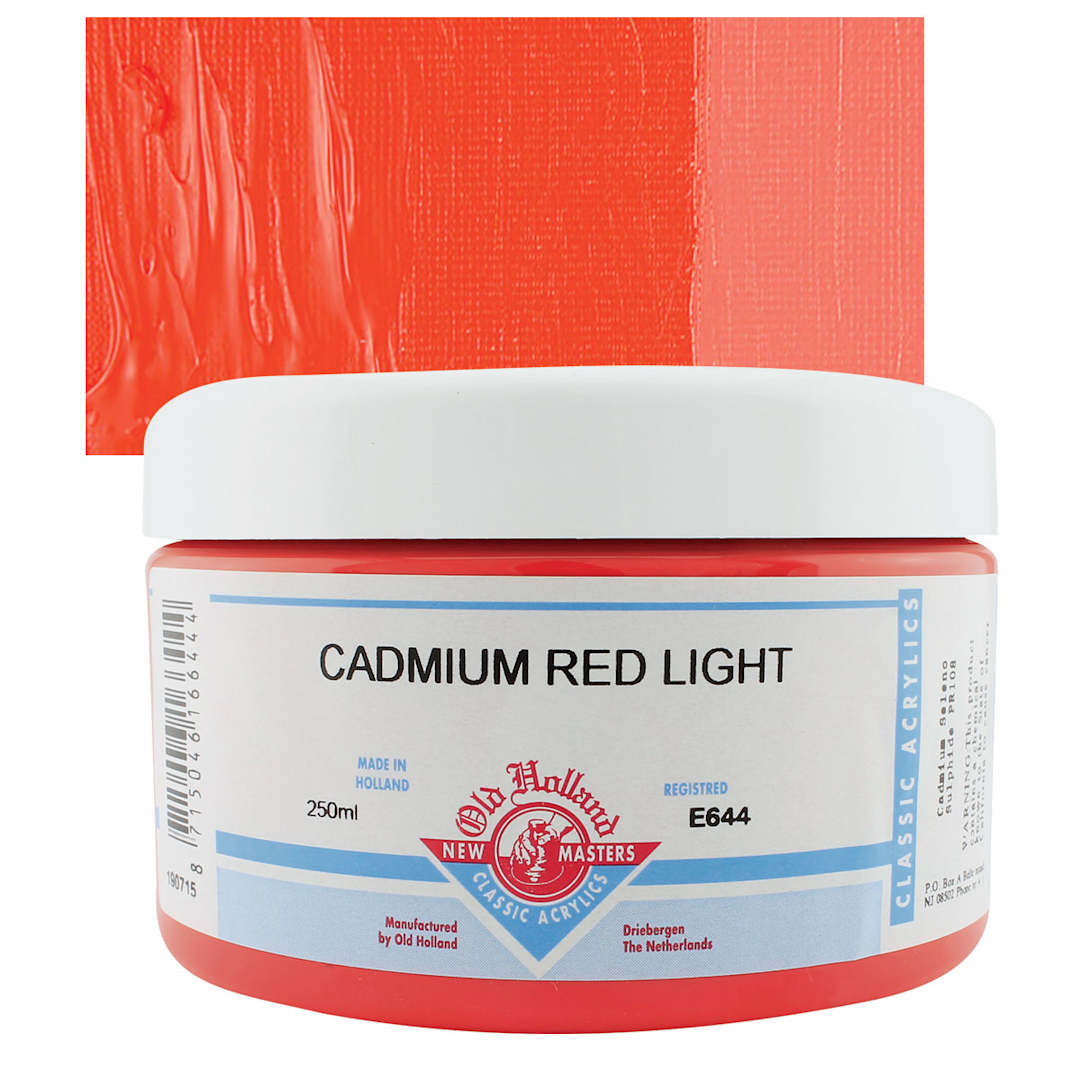 Open in modal - Old Holland New Masters Classic Acrylic Paint - Cadmium Red Light, 250 ml jar and swatch