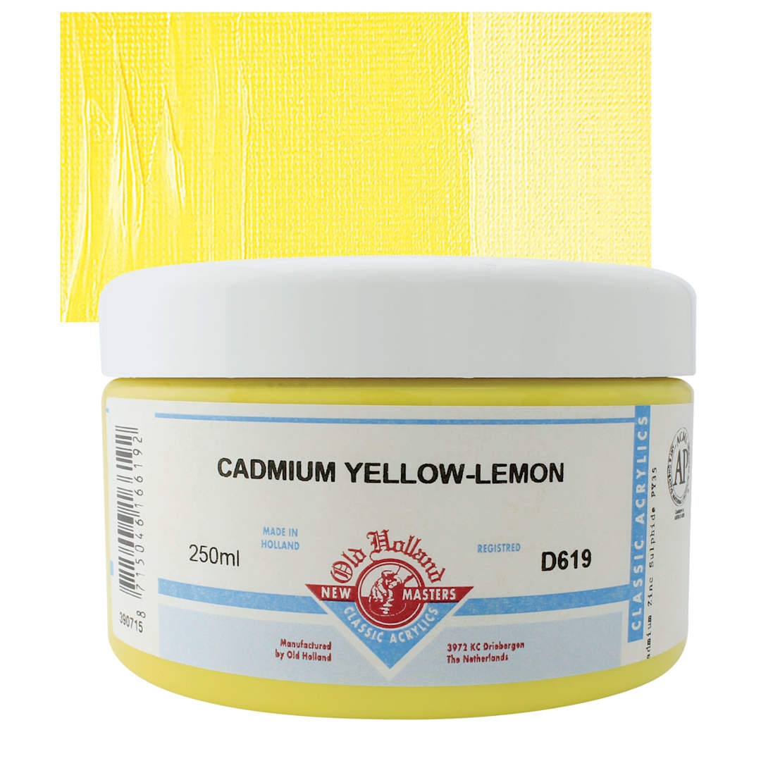 Open in modal - Old Holland New Masters Classic Acrylic Paint - Cadmium Yellow Lemon, 250 ml jar and swatch