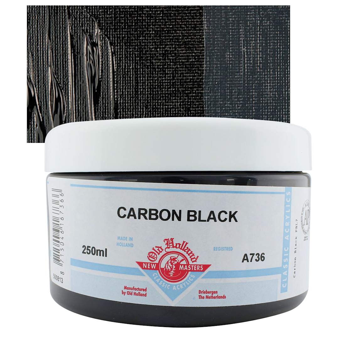 Open in modal - Old Holland New Masters Classic Acrylic Paint - Carbon Black, 250 ml jar and swatch