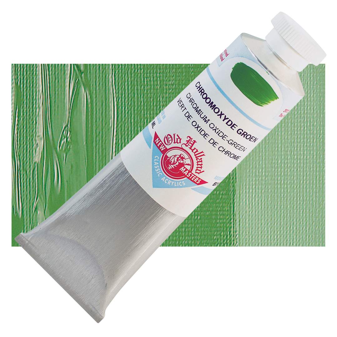 Open in modal - Old Holland New Masters Classic Acrylic Paint - Chromium Oxide Green, 60 ml tube and swatch