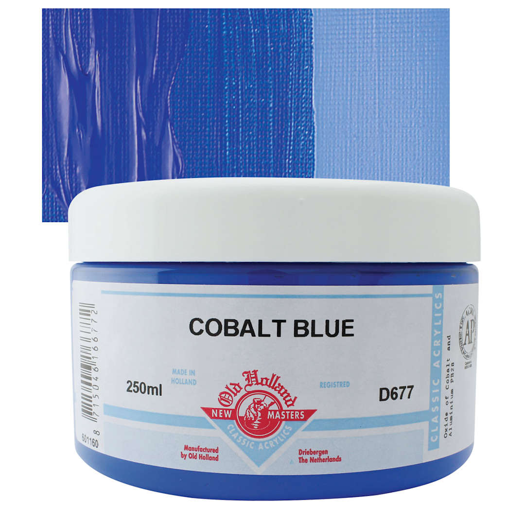 Open in modal - Old Holland New Masters Classic Acrylic Paint - Cobalt Blue, 250 ml jar and swatch