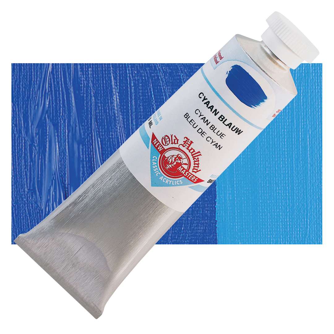 Open in modal - Old Holland New Masters Classic Acrylic Paint - Cyan Blue, 60 ml tube and swatch