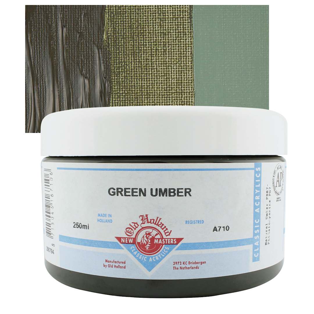 Open in modal - Old Holland New Masters Classic Acrylic Paint - Green Umber, 250 ml jar and swatch
