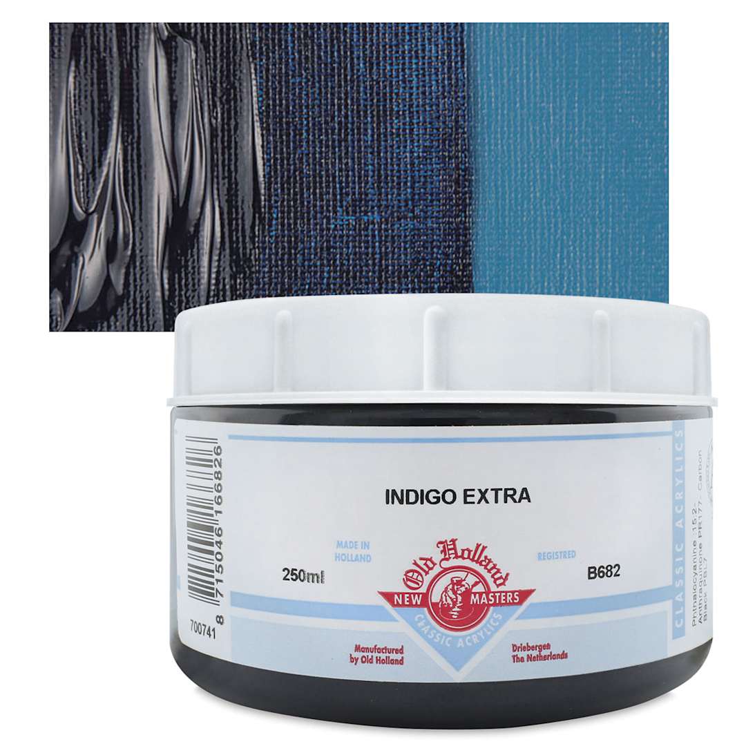 Open in modal - Old Holland New Masters Classic Acrylic Paint - Indigo Extra, 250 ml jar and swatch