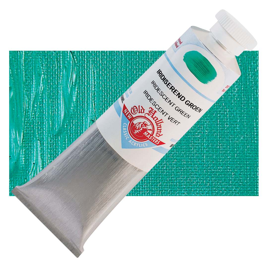 Open in modal - Old Holland New Masters Classic Acrylic Paint - Iridescent Green, 60 ml tube and swatch