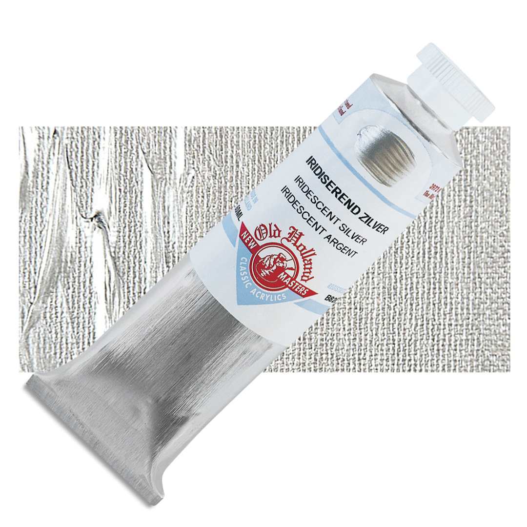 Open in modal - Old Holland New Masters Classic Acrylic Paint - Iridescent Silver, 60 ml tube and swatch