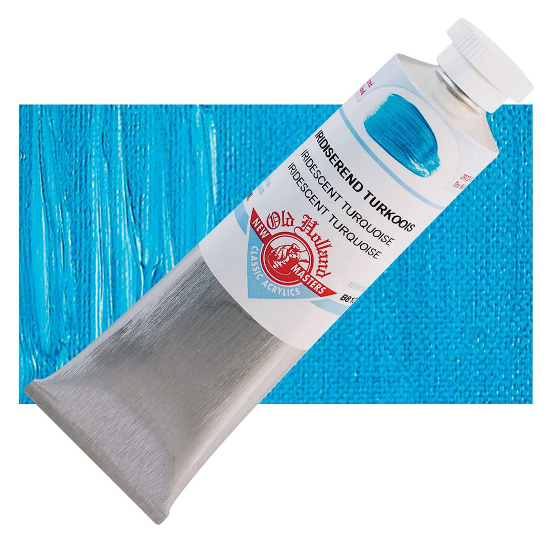 Open in modal - Old Holland New Masters Classic Acrylic Paint - Iridescent Turquoise, 60 ml tube and swatch