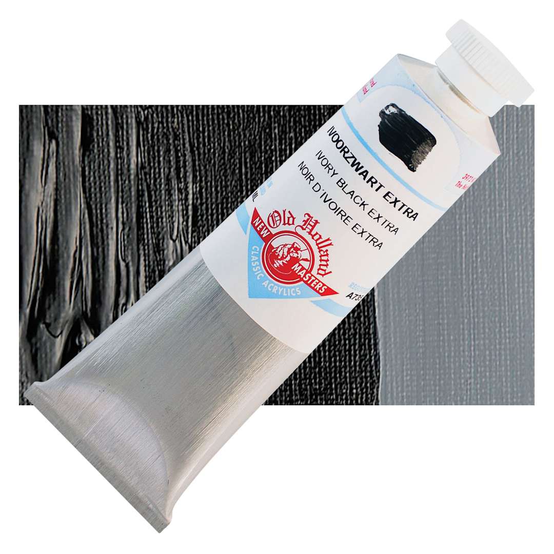 Open in modal - Old Holland New Masters Classic Acrylic Paint - Ivory Black Extra, 60 ml tube and swatch