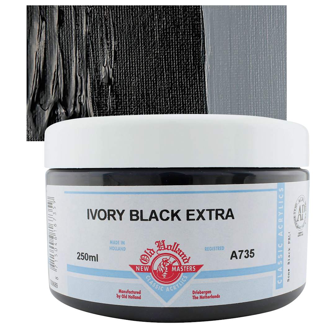Open in modal - Old Holland New Masters Classic Acrylic Paint - Ivory Black Extra, 250 ml jar and swatch