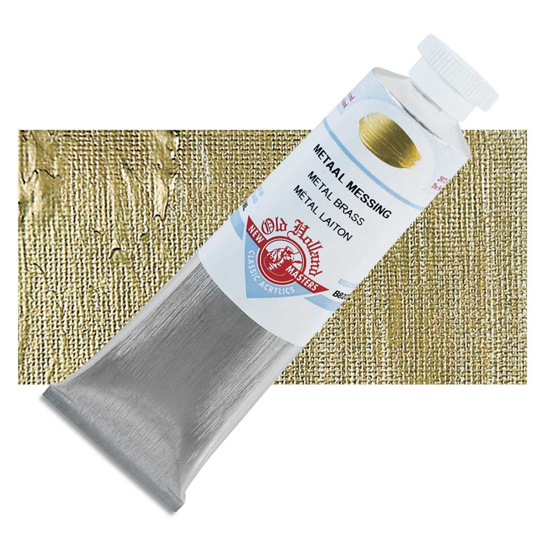 Open in modal - Old Holland New Masters Classic Acrylic Paint - Metallic Brass, 60 ml tube and swatch