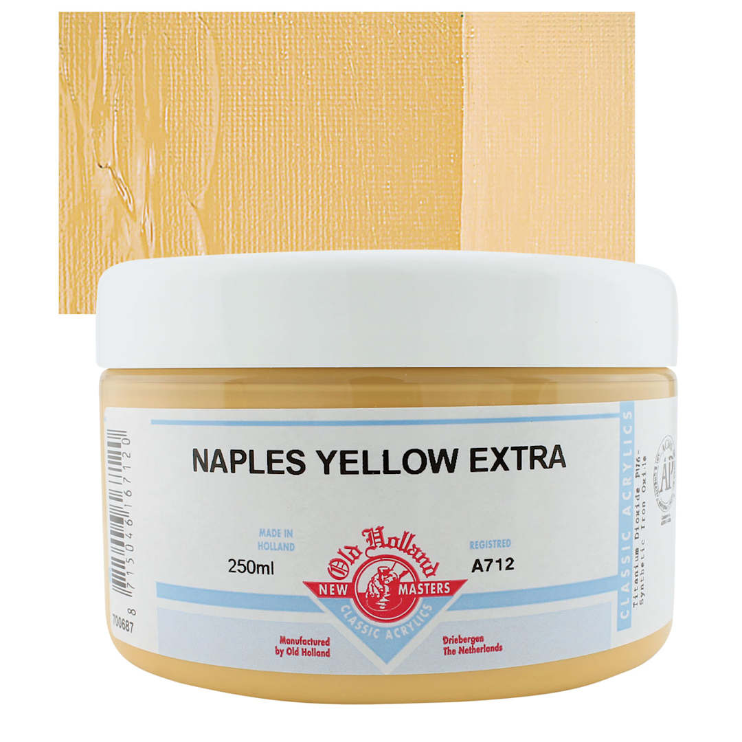 Open in modal - Old Holland New Masters Classic Acrylic Paint - Naples Yellow Extra, 250 ml jar and swatch