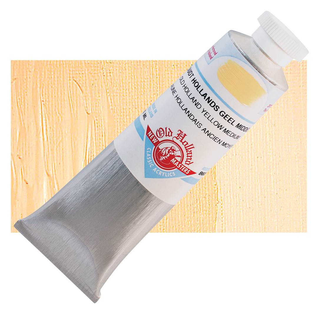 Open in modal - Old Holland New Masters Classic Acrylic Paint - Old Holland Yellow Medium. 60 ml tube and swatch