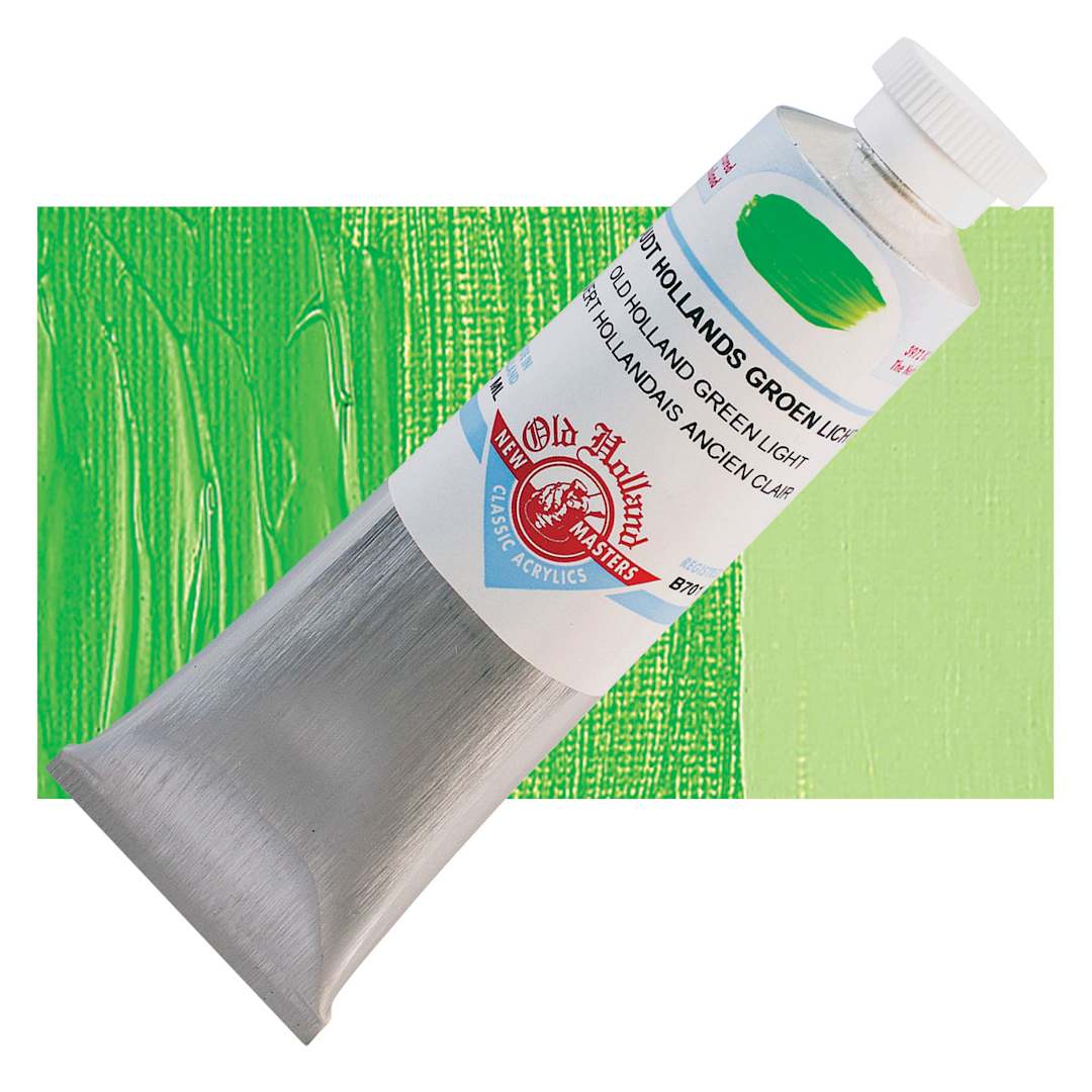 Open in modal - Old Holland New Masters Classic Acrylic Paint - Old Holland Green Light, 60 ml tube and swatch
