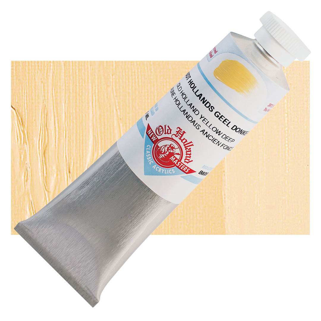 Open in modal - Old Holland New Masters Classic Acrylic Paint - Old Holland Yellow Deep, 60 ml tube and swatch