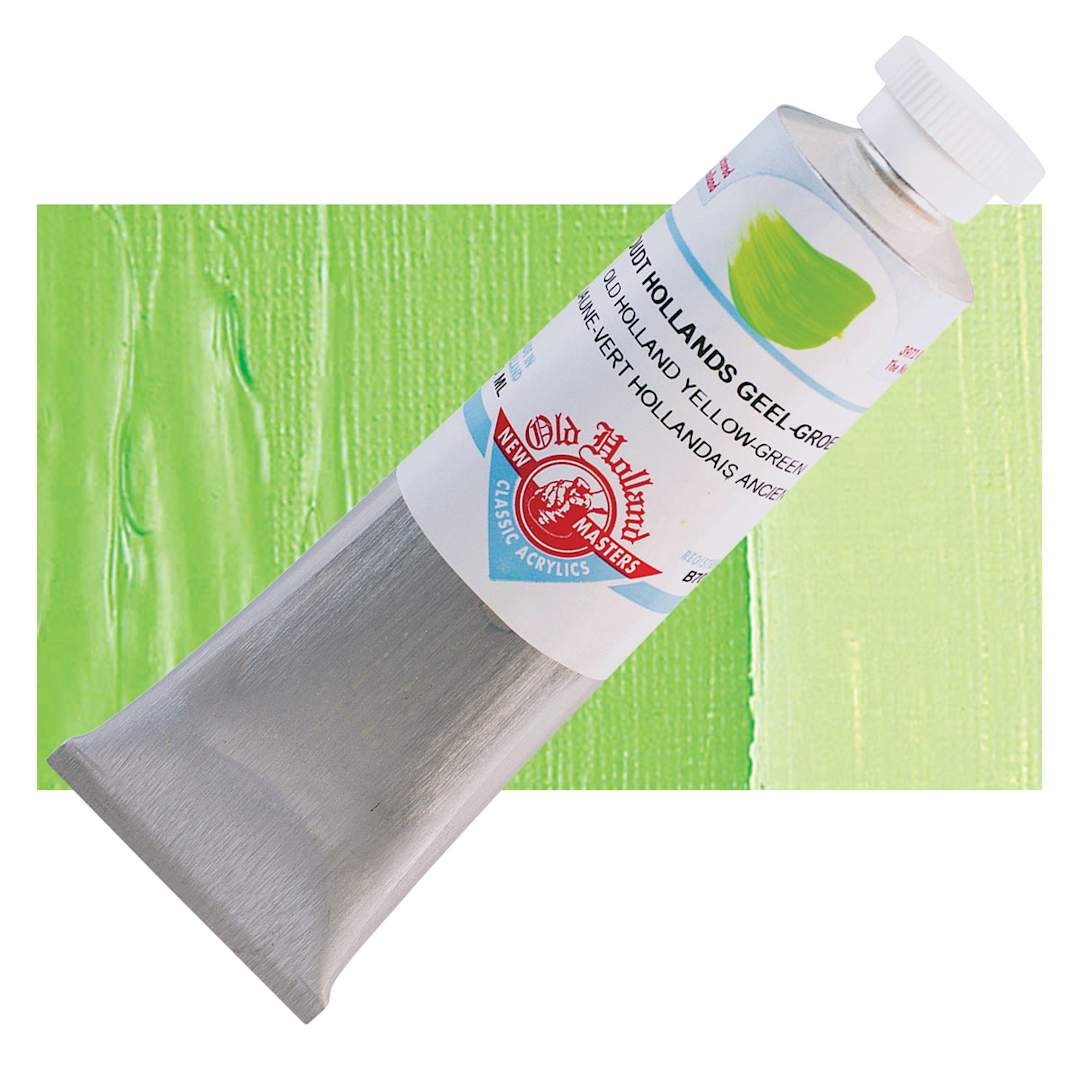 Open in modal - Old Holland New Masters Classic Acrylic Paint - Old Holland Yellow Green, 60 ml tube and swatch