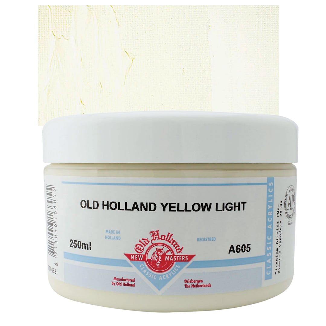 Open in modal - Old Holland New Masters Classic Acrylic Paint - Old Holland Yellow Light, 250 ml jar and swatch