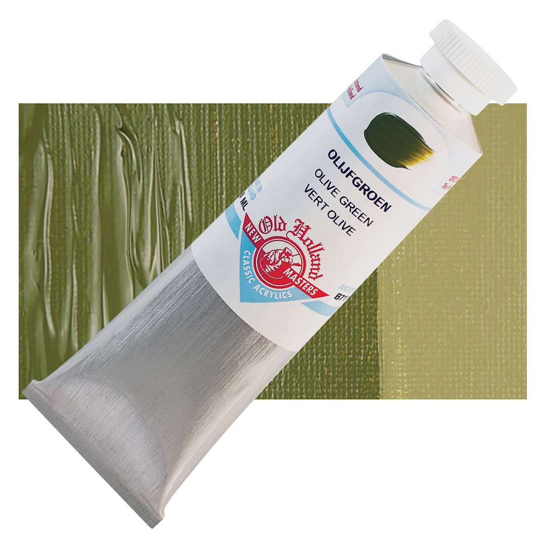 Open in modal - Old Holland New Masters Classic Acrylic Paint - Olive Green, 60 ml tube and swatch