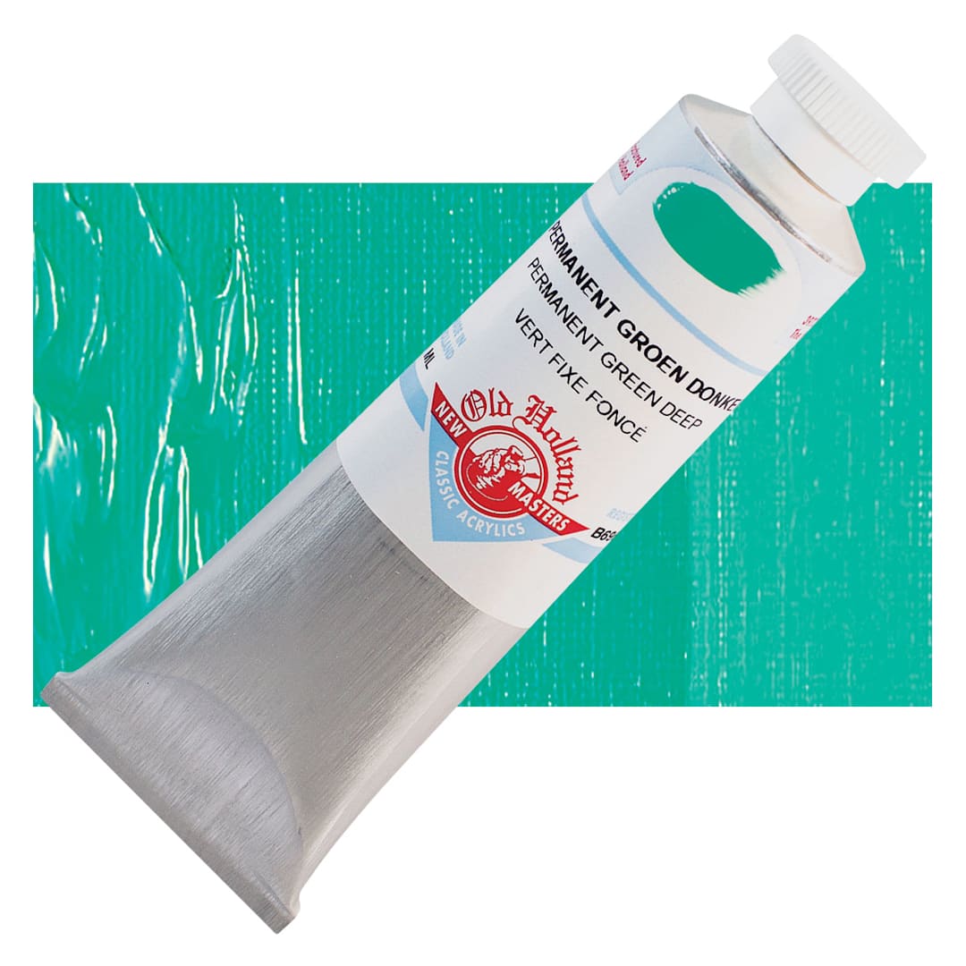Open in modal - Old Holland New Masters Classic Acrylic Paint - Permanent Green Deep, 60 ml tube and swatch