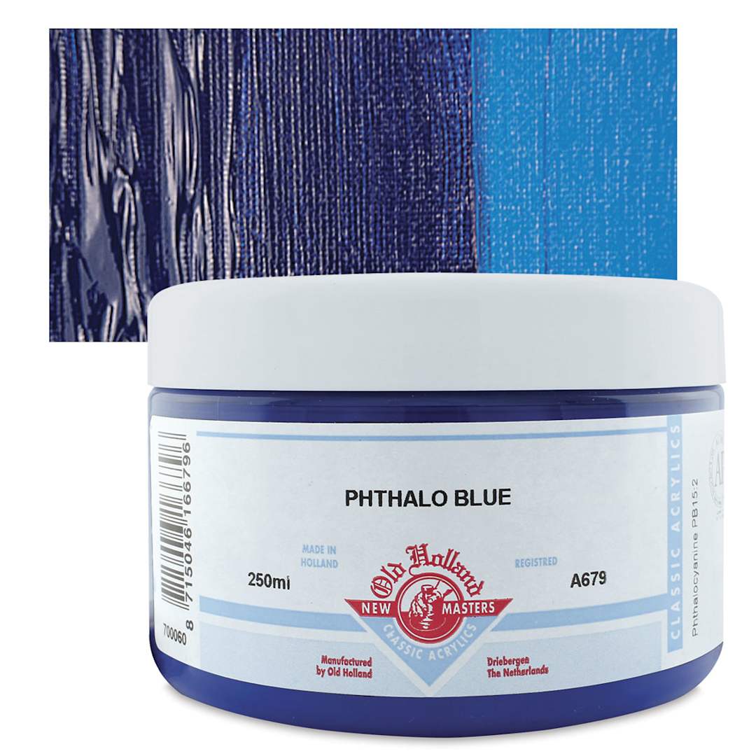 Open in modal - Old Holland New Masters Classic Acrylic Paint - Phthalo Blue, 250 ml jar and swatch