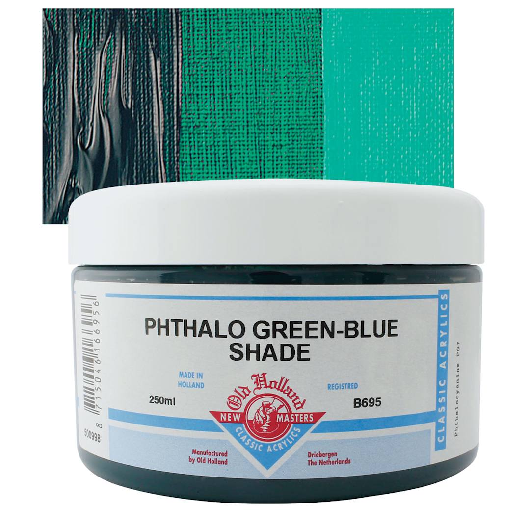 Open in modal - Old Holland New Masters Classic Acrylic Paint - Phthalo Green Blue Shade, 250 ml jar and swatch