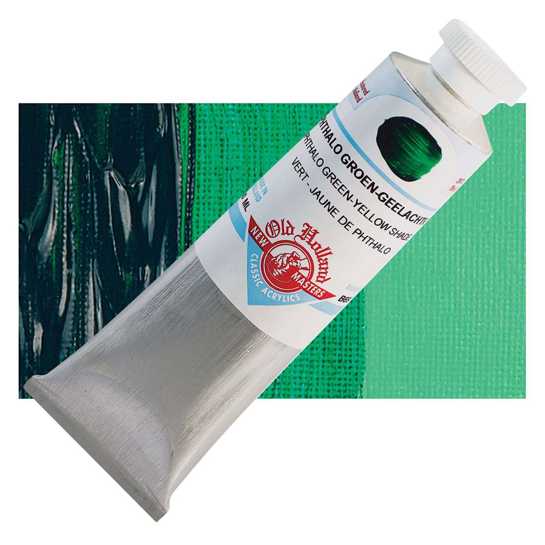 Open in modal - Old Holland New Masters Classic Acrylic Paint - Phthalo Green Yellow Shade, 60 ml tube and swatch