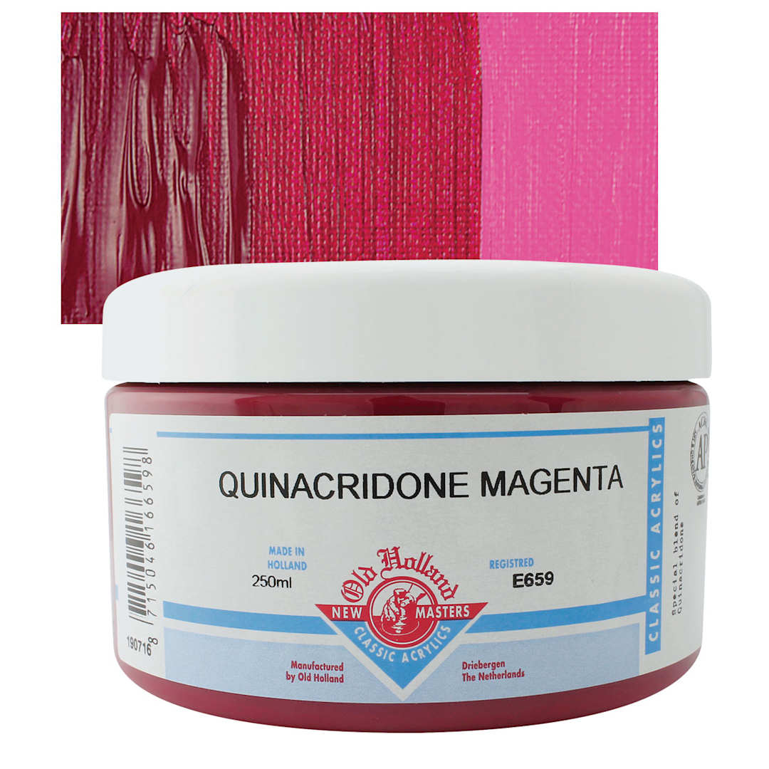 Open in modal - Old Holland New Masters Classic Acrylic Paint - Quinacridone Magenta, 250 ml jar and swatch