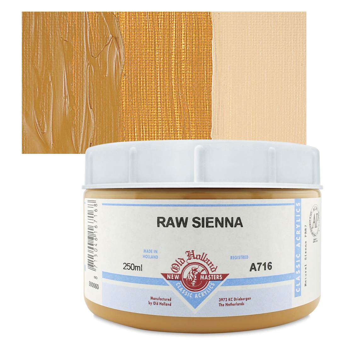 Open in modal - Old Holland New Masters Classic Acrylic Paint - Raw Sienna, 250 ml jar and swatch