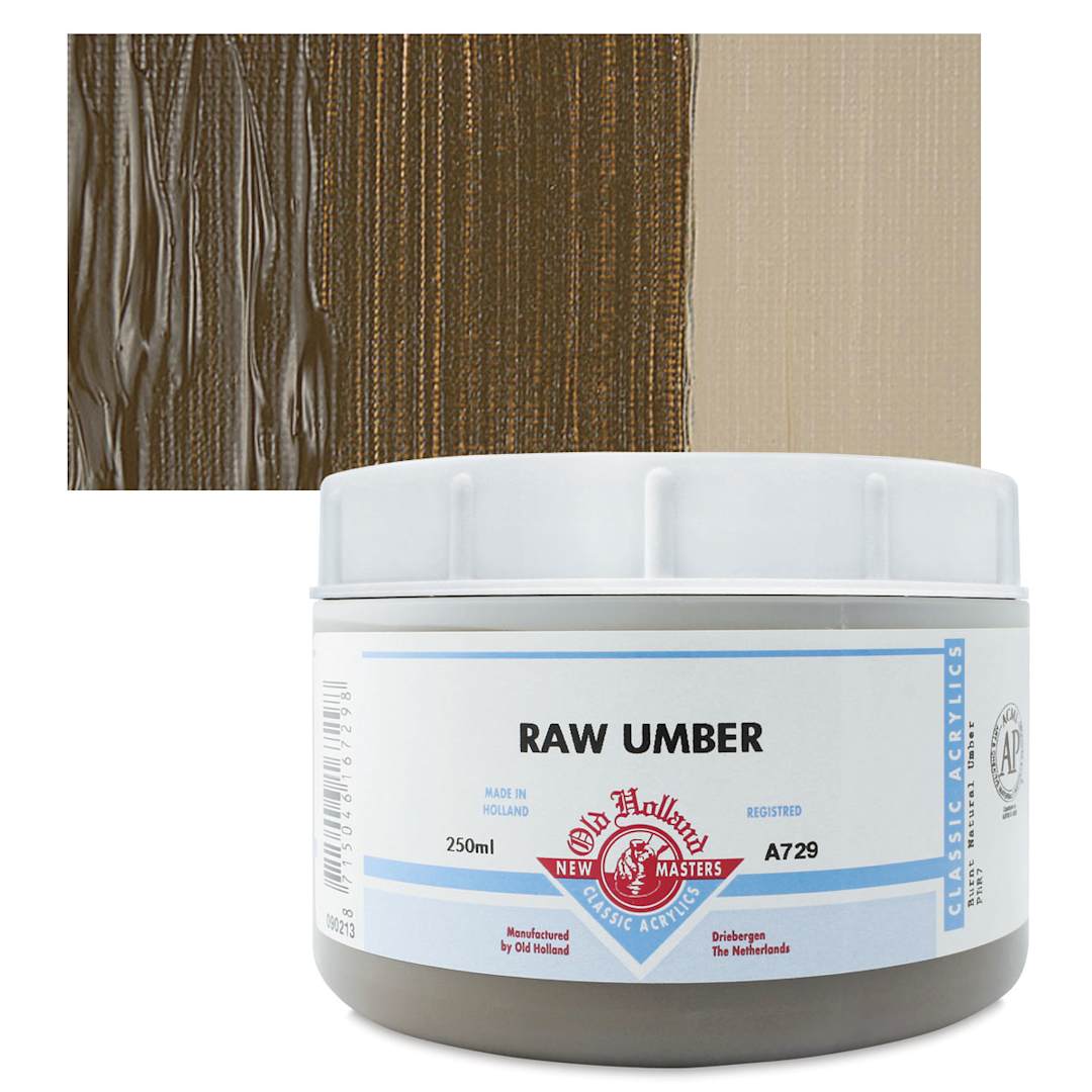 Open in modal - Old Holland New Masters Classic Acrylic Paint - Raw Umber, 250 ml jar and swatch