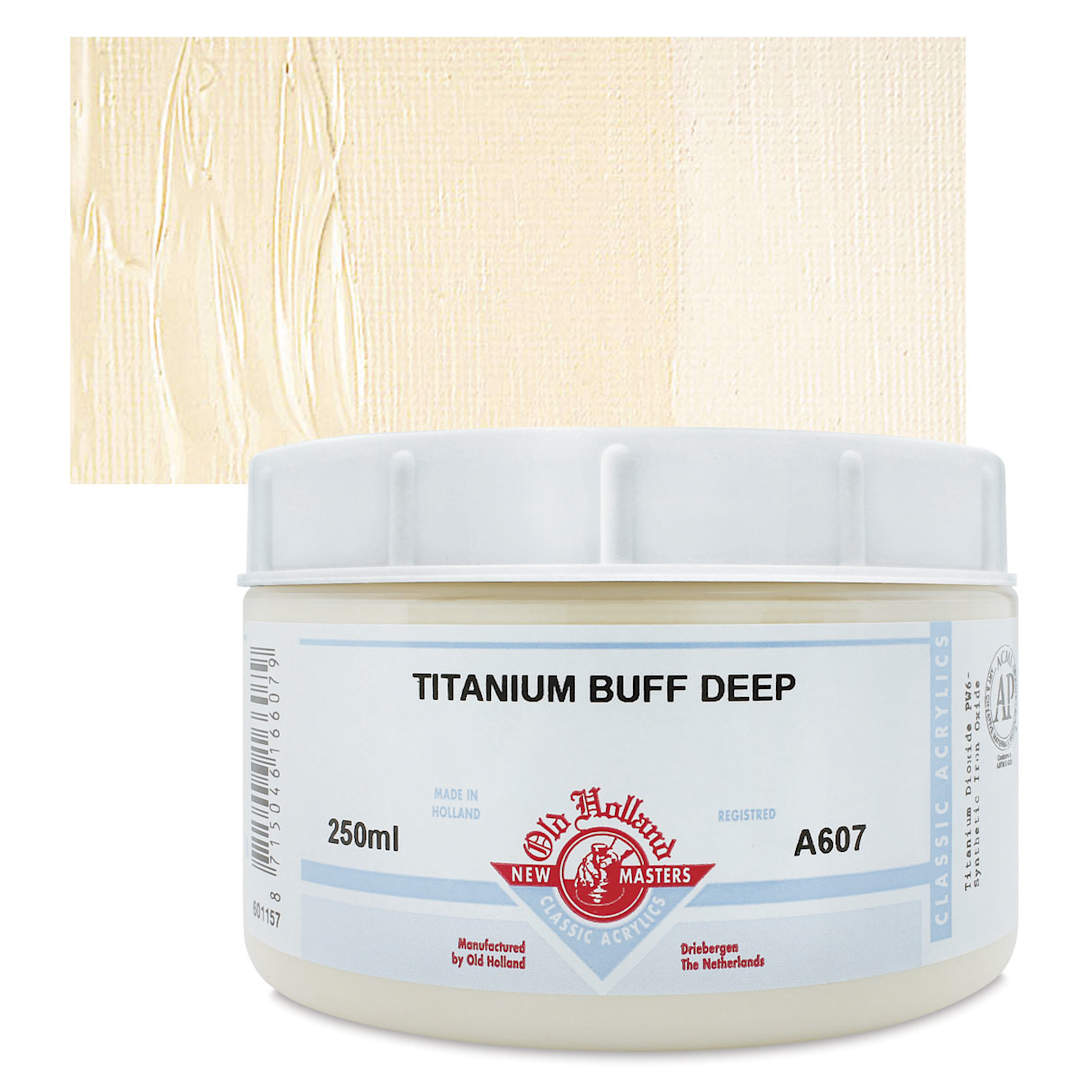 Open in modal - Old Holland New Masters Classic Acrylic Paint - Titanium Buff Deep, 250 ml jar and swatch