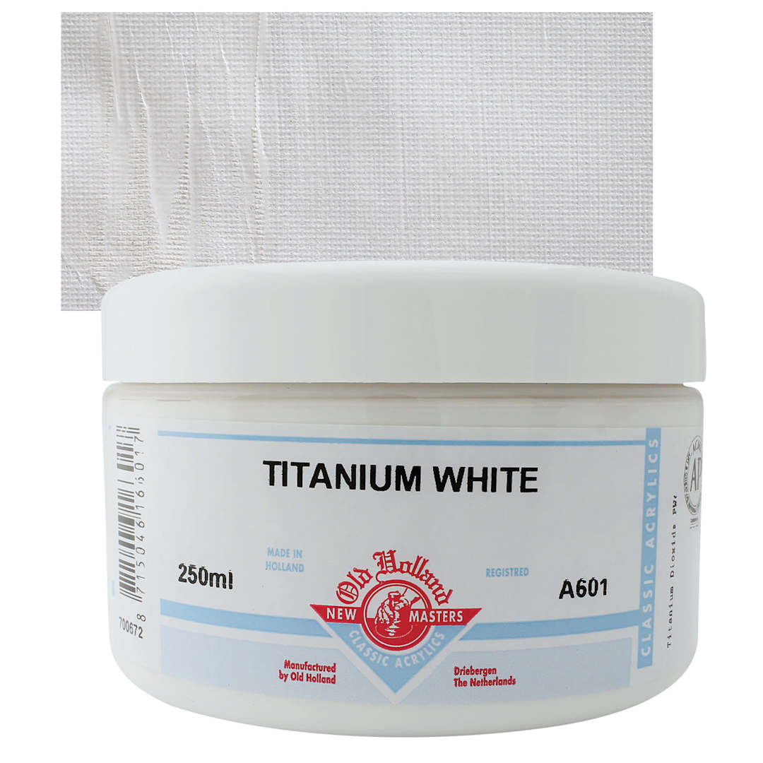 Open in modal - Old Holland New Masters Classic Acrylic Paint - Titanium White, 250 ml jar and swatch