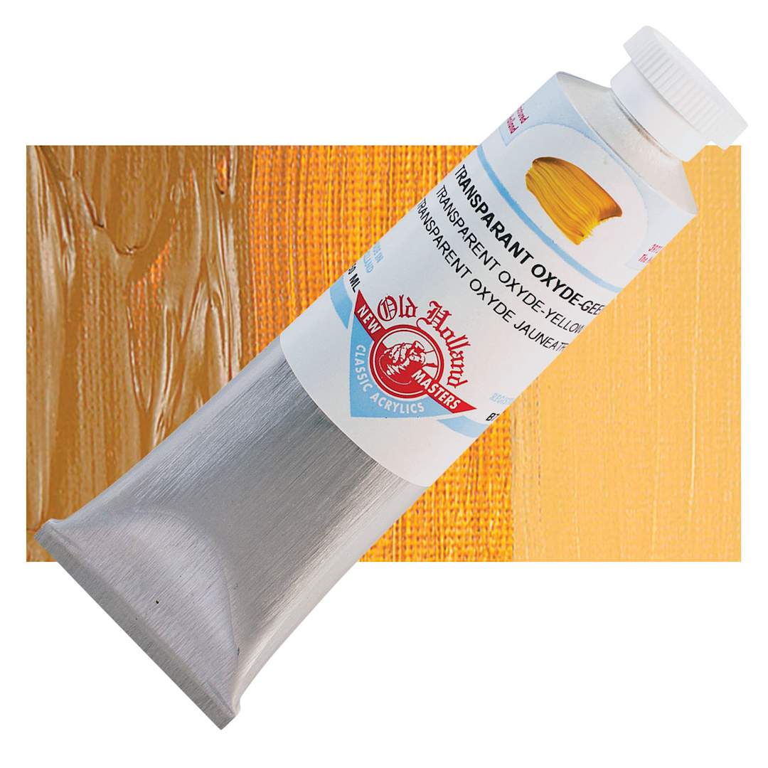 Open in modal - Old Holland New Masters Classic Acrylic Paint - Transparent Oxide Yellow, 60 ml tube and swatch