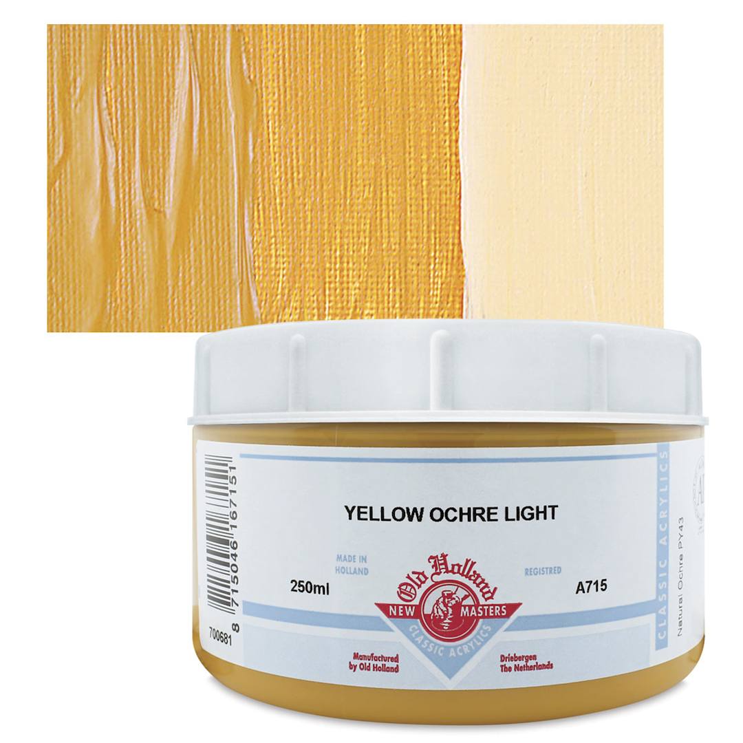 Open in modal - Old Holland New Masters Classic Acrylic Paint - Yellow Ochre Light, 250 ml jar and swatch