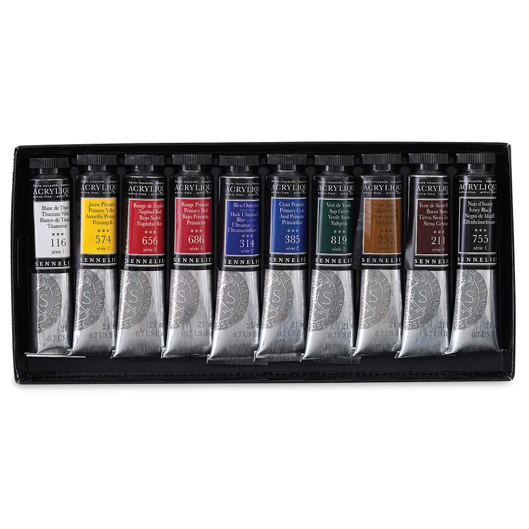 Open in modal - Sennelier Extra-Fine Artist Acryliques - Set of 10 Tubes shown open in storage tray
