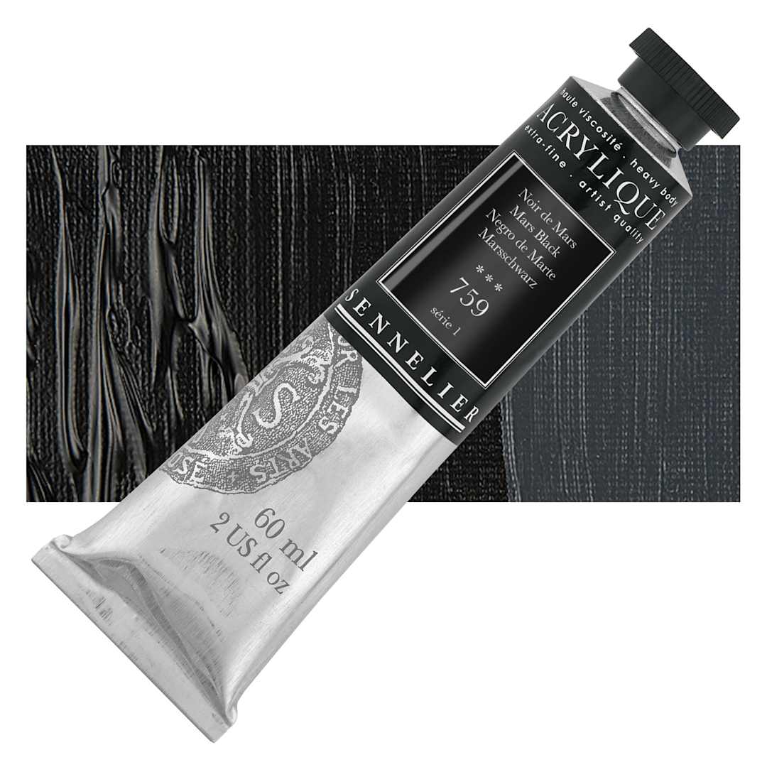 Open in modal - Sennelier Extra-Fine Artist Acrylique - Mars Black, 60 ml tube and swatch