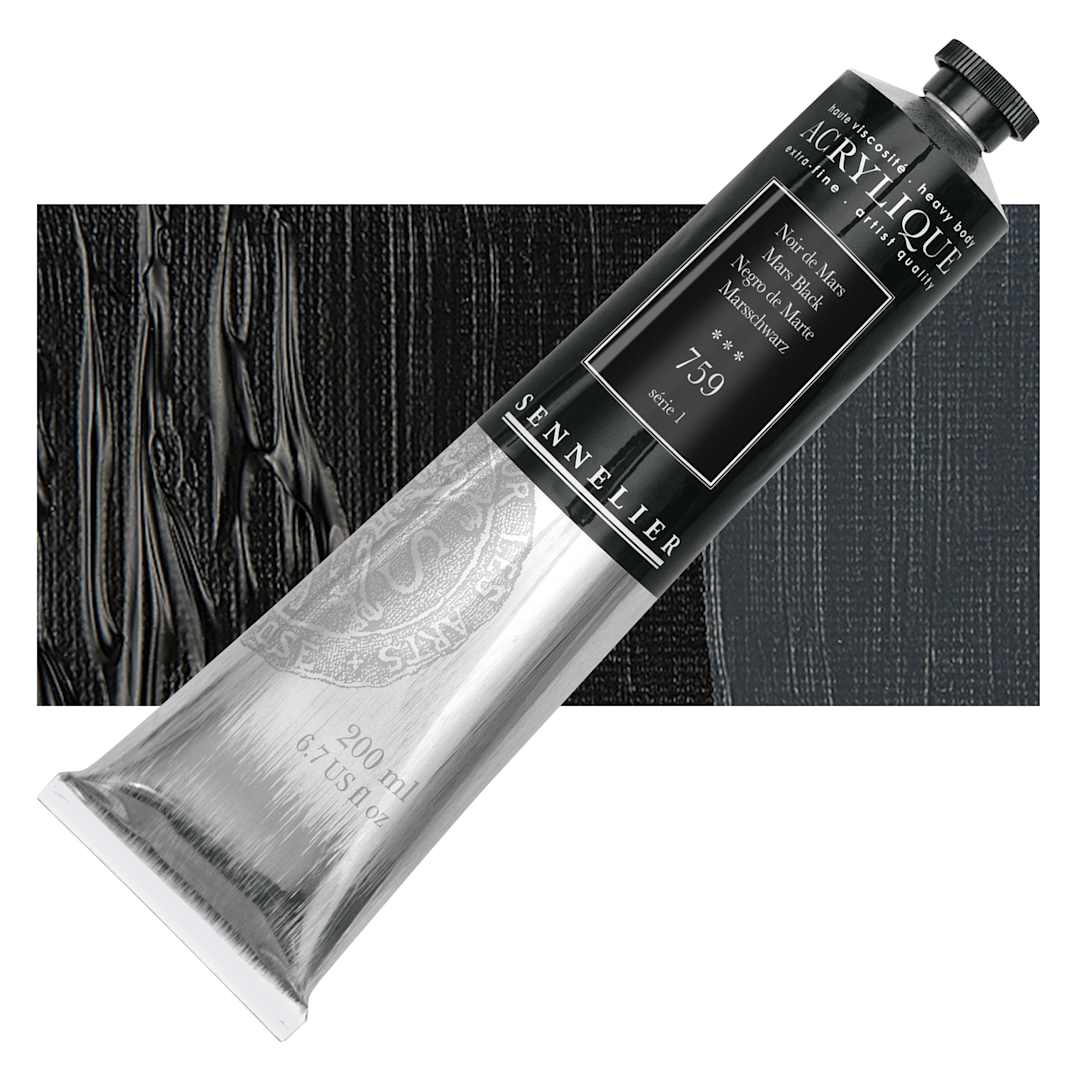 Open in modal - Sennelier Extra-Fine Artist Acrylique - Mars Black, 200 ml tube and swatch