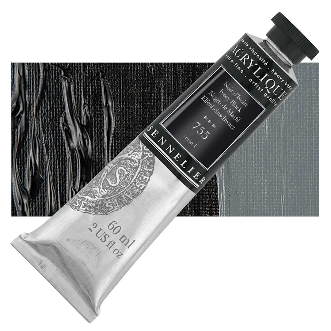 Open in modal - Sennelier Extra-Fine Artist Acrylique - Ivory Black, 60 ml tube and swatch