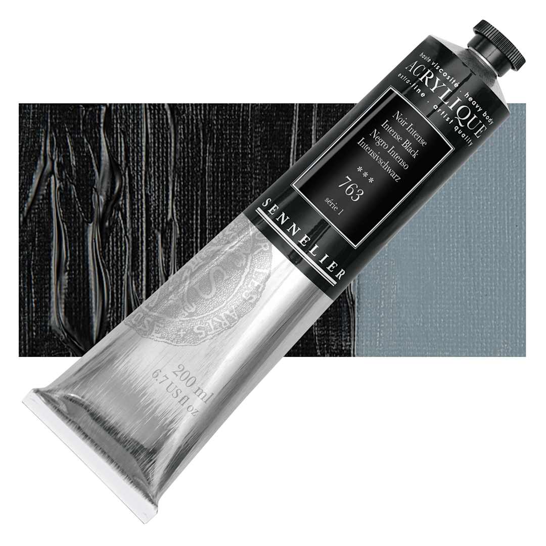 Open in modal - Sennelier Extra-Fine Artist Acrylique - Intense Black, 200 ml tube and swatch