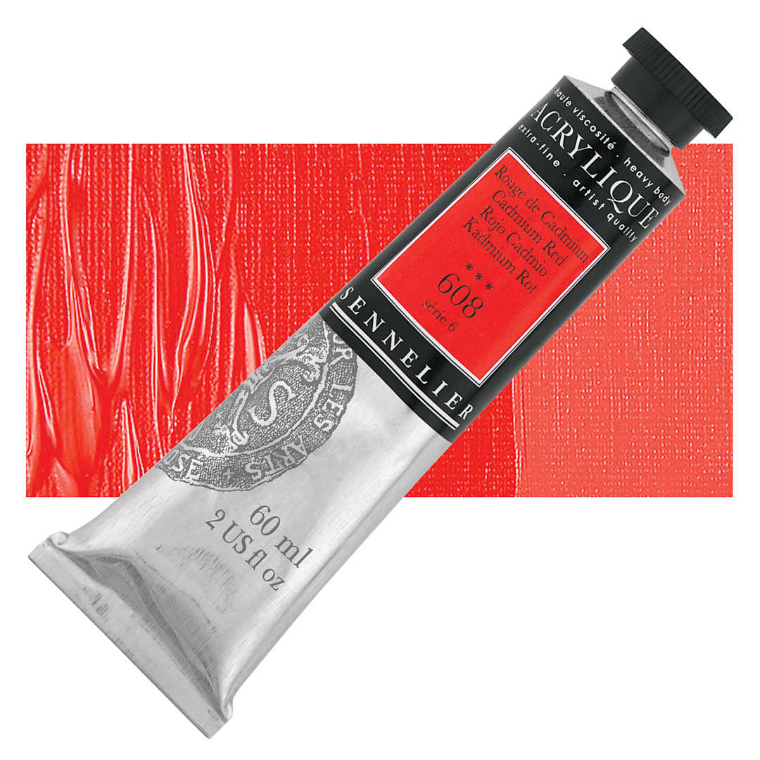 Open in modal - Sennelier Extra-Fine Artist Acrylique - Cadmium Red, 60 ml tube and swatch